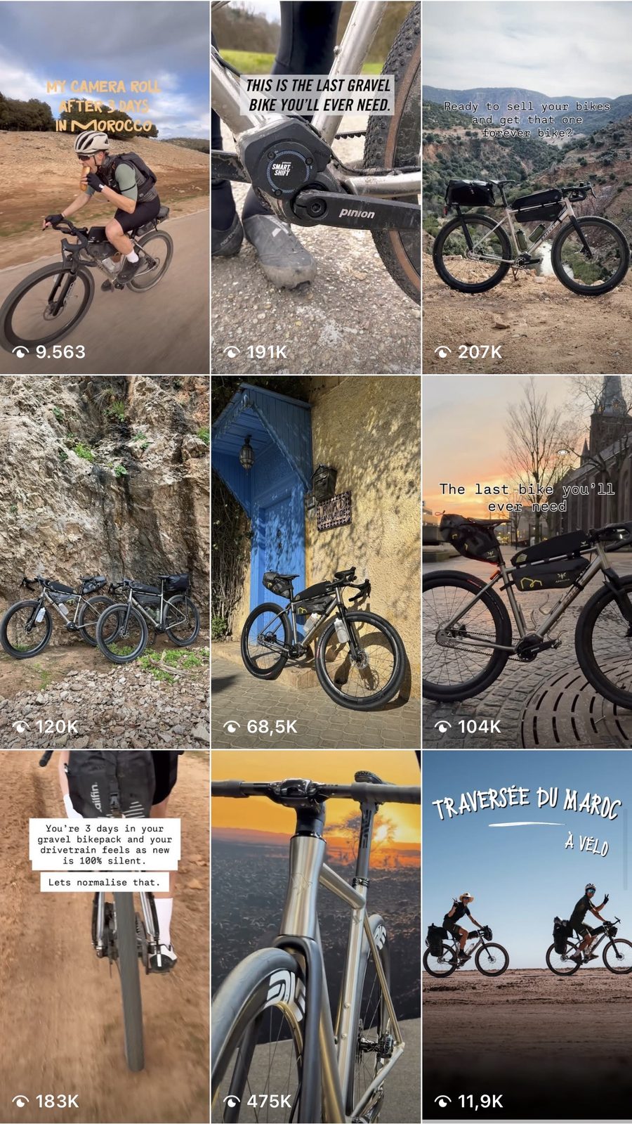 Grid of phone-shot reels with view counts