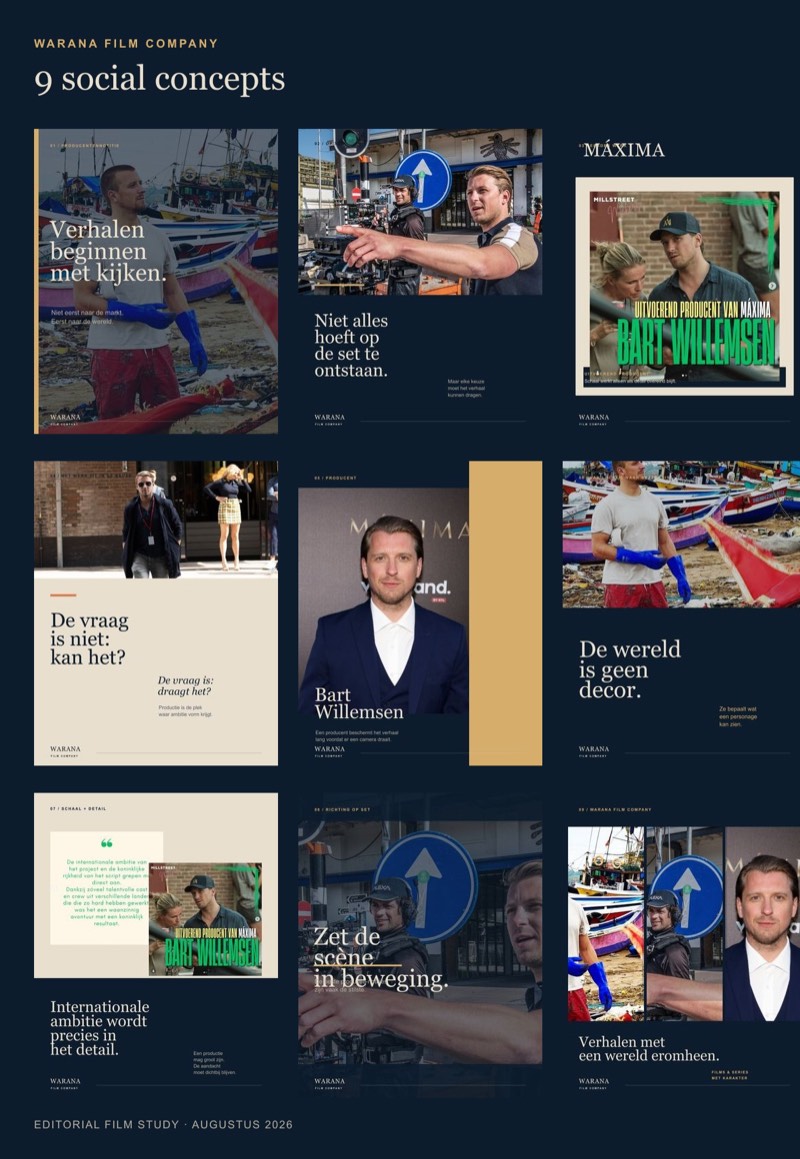 Overzicht van negen redactionele socialconcepten voor Warana Film Company