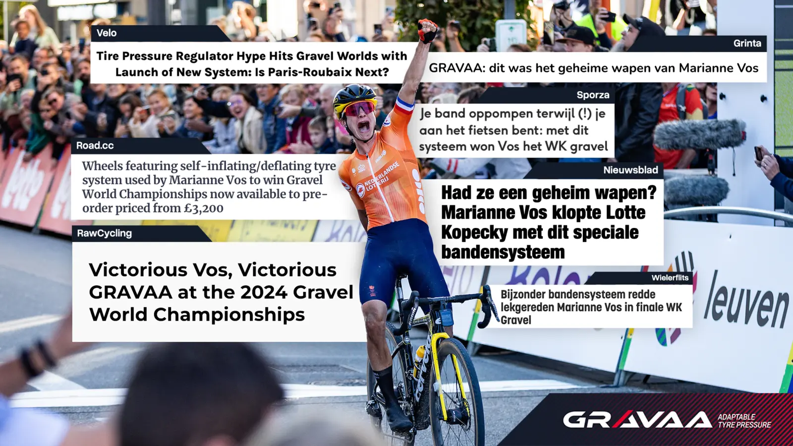 Marianne Vos winning the Gravel World Championships surrounded by international GRAVAA headlines